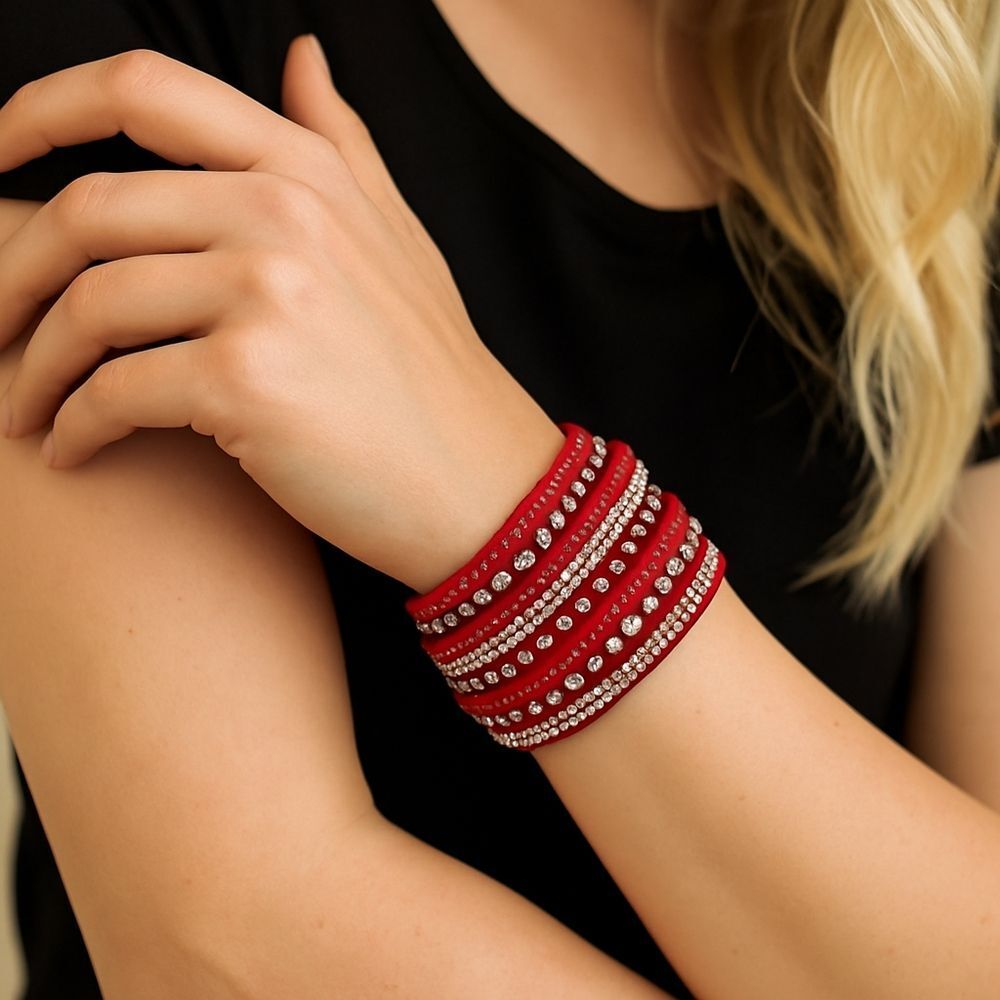 SALE Red Rhinestone Bling Wrap Snap Bracelet